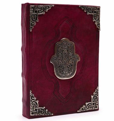 Large Handmade Leatherbound journal Red &amp; Tan– Rustic Leather Notebook with Zinc Hamsa Hand, 200 Deckle-Edge Pages, Hefty Writing Journal