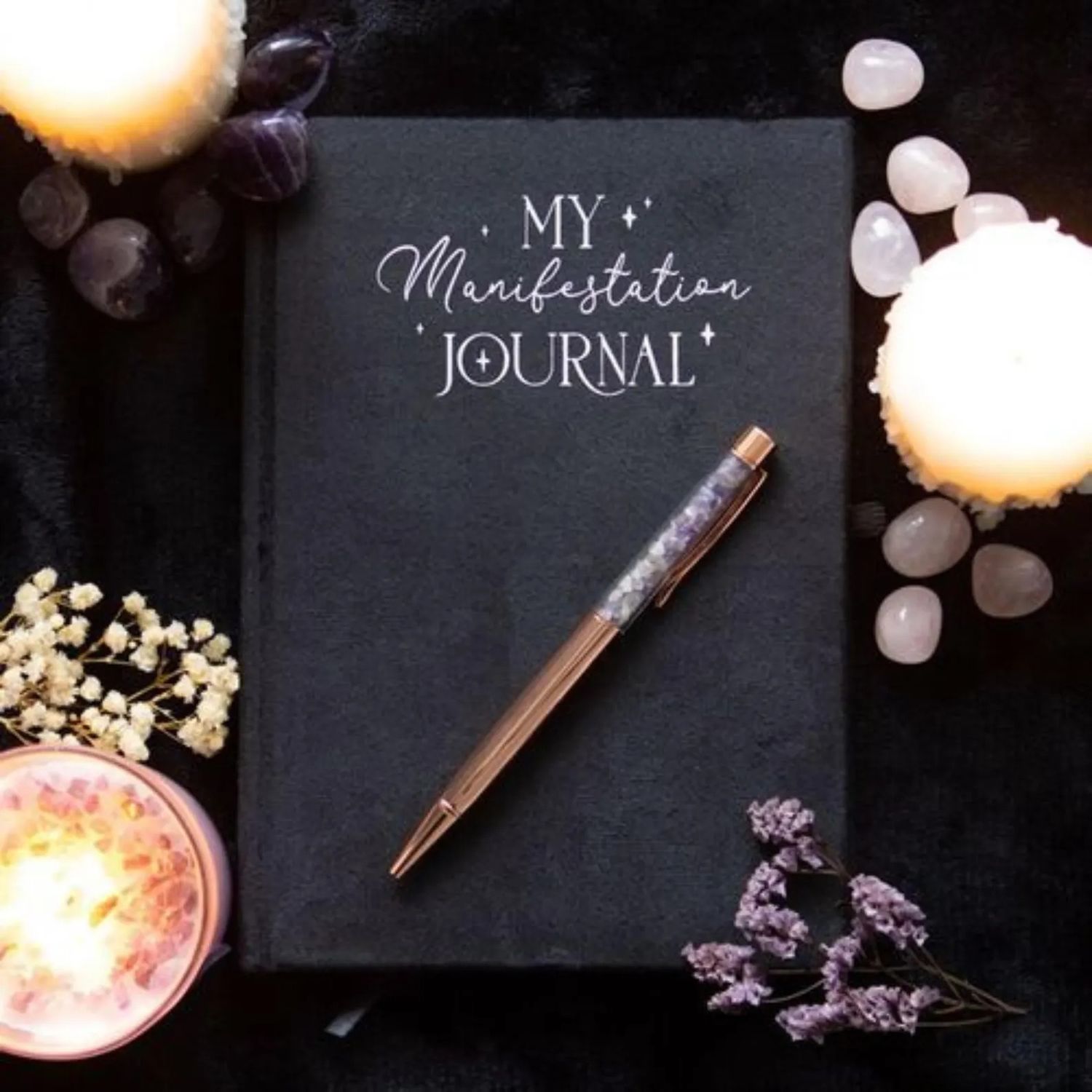 Black Velvet custom Manifestation Journal with Amethyst Crystal Pen , A5 Lined Pages for Intentions, Dreams and Goals