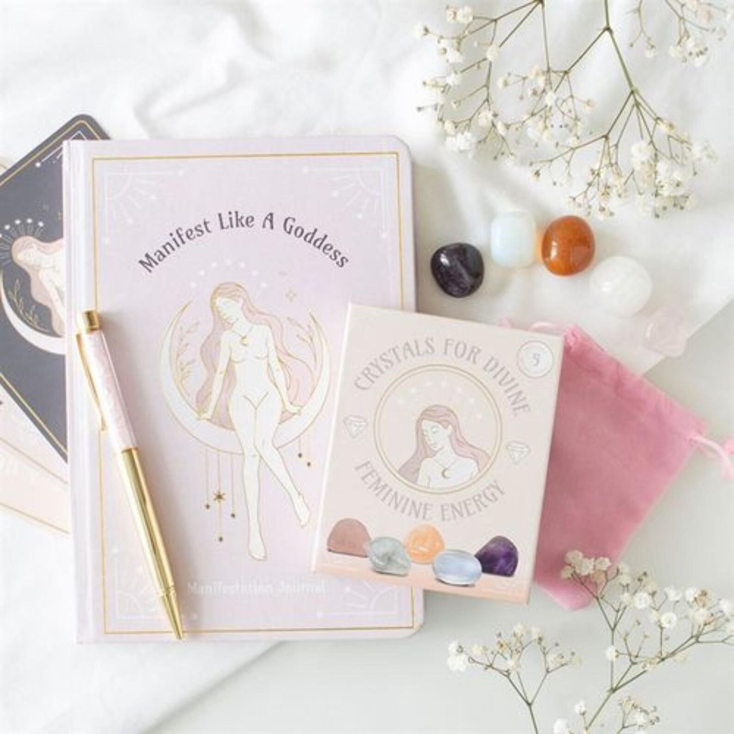 Goddess Energy A5 custom Manifestation Journal with Rose Quartz Crystal Pen | Feminine Spiritual Notebook