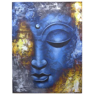 Buddha Painting - Blue Face Abstract Handmade and signed by each artist canvas and natural wooden frames by Balinese artisans