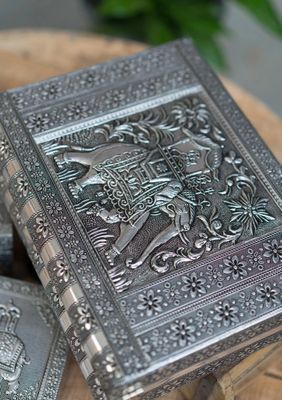 Silver Elephant Jewellery Box Indian Trinket Box Handcrafted Fair Trade Gift Velvet Lined Storage Box Artisan Decor in small medium or large