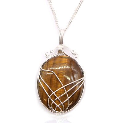Tigers Eye Necklace, Wire Wrapped Crystal Pendant, Swirl Gemstone Necklace, Healing Stone Jewelry, Tiger Eye Gift for Her