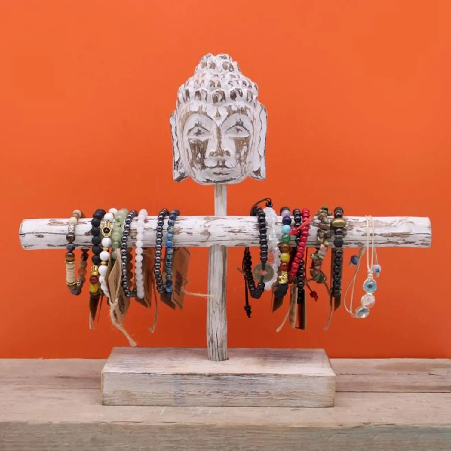 Handcrafted Whitewash Buddha Jewellery Stand with Branch Holders Rustic Zen Storage Decor