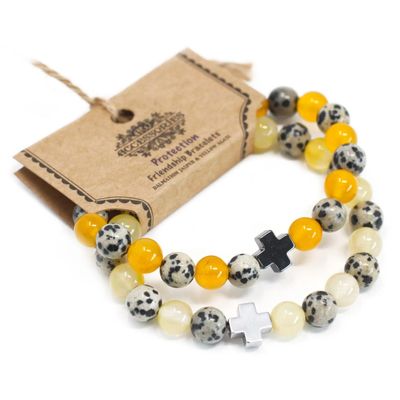 Set of 2 Gemstones Friendship Bracelets - Protection - Dalmatian Jasper &amp; Yellow Agate