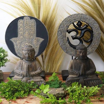Handcrafted Buddha Feng Shui Set – Om Symbol Grey &amp; Black, Available in Feng Shui or Hamsa Hand Options