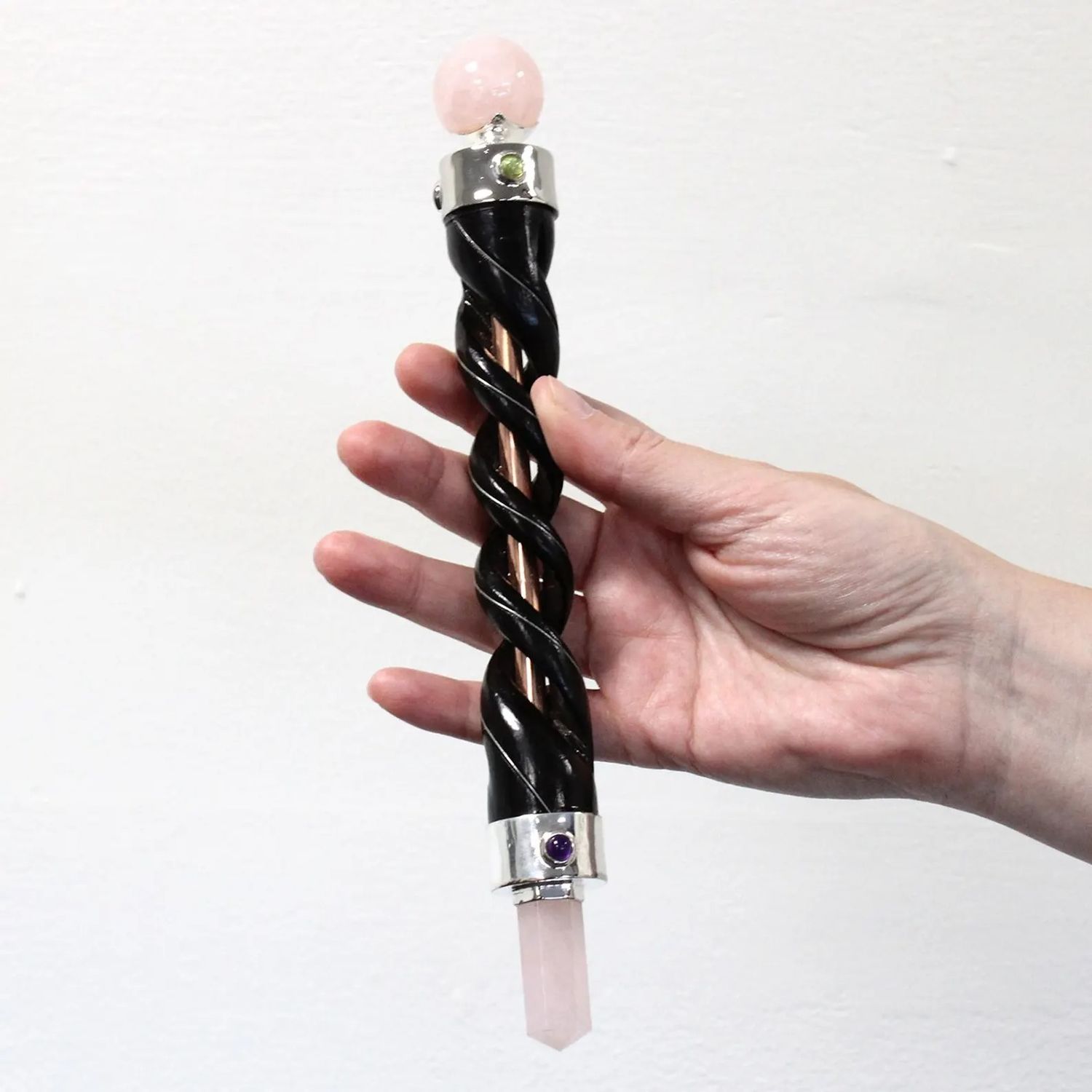 Handcrafted healing wand Silver Rose Quartz Sphere Twisted Healing Wand – Crystal Energy Tool for Meditation and Reiki