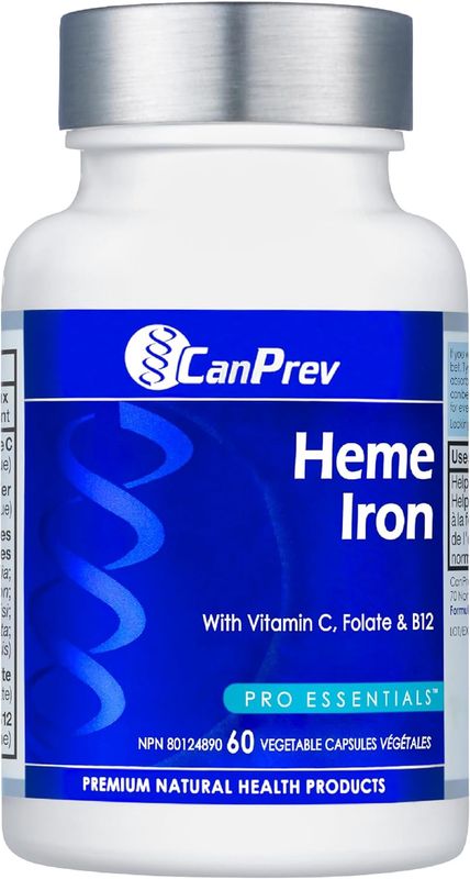 CanPrev Heme Iron 60 V-Caps, 60-Day Supply With Vitamin C, Folate &amp; B12, Gentle, Easy-to-Absorb Iron Supplement for Women, Non-GMO, Gluten &amp; Soy-Free, Supports Red Blood Cell Formation, Made in Canada