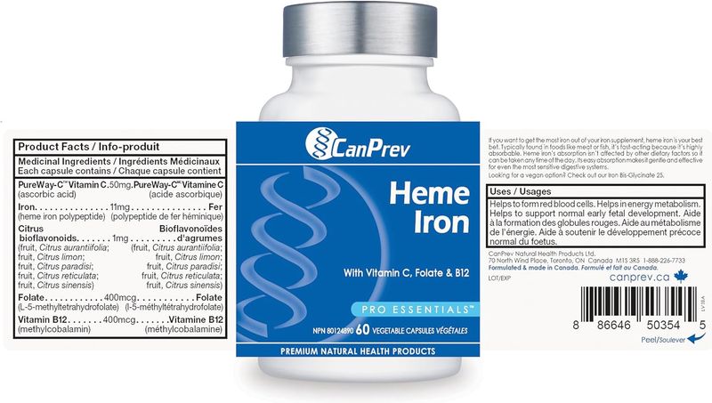 CanPrev Heme Iron 60 V-Caps, 60-Day Supply With Vitamin C, Folate &amp; B12, Gentle, Easy-to-Absorb Iron Supplement for Women, Non-GMO, Gluten &amp; Soy-Free, Supports Red Blood Cell Formation, Made in Canada