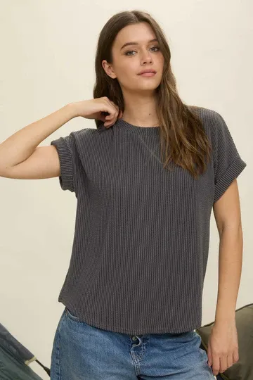 RIBBED CREW NECK SHORT CUFF SLEEVE KNIT TOP