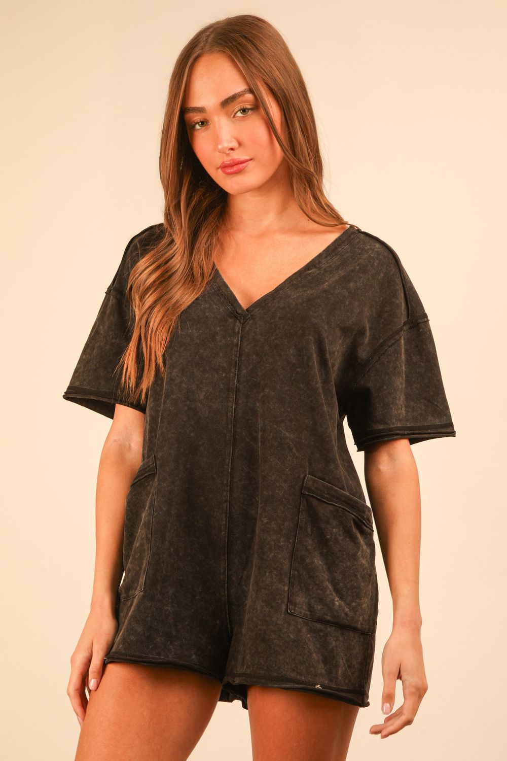 Mineral washed oversized casual knit romper