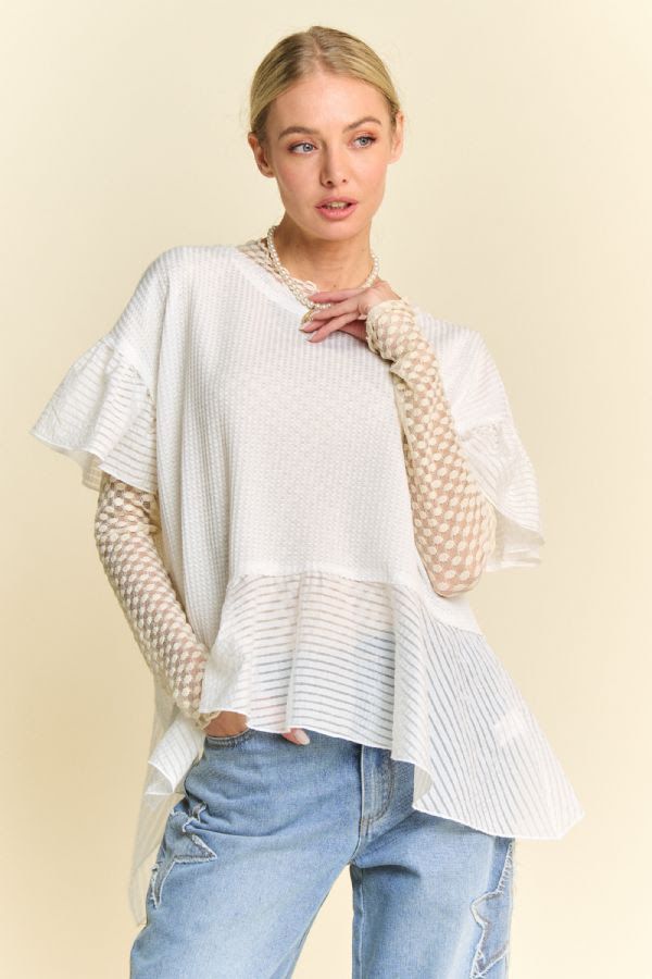 WAFFLE KNIT BODICE RUFFLE SLEEVE AND BOTTOM DETAIL TOP
