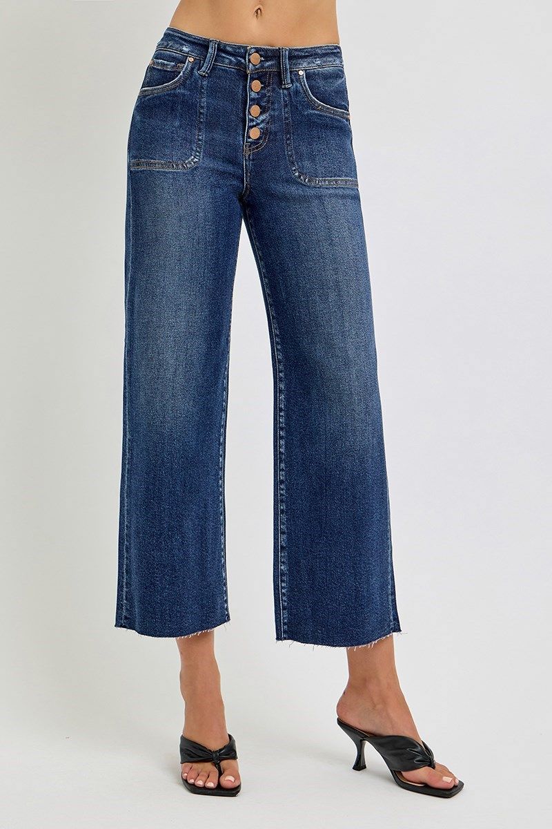 Risen Jeans HI RISE CROP WIDE BUTTON UP JEAN DARK DENIM