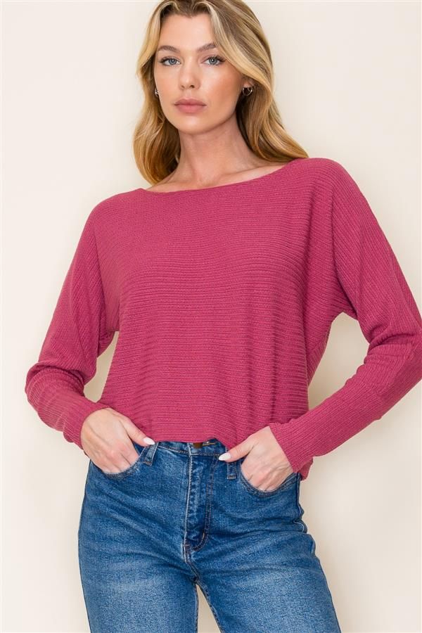 BOAT NECK, LONG DOLMAN SLEEVE, TEXTURED KNIT TOP