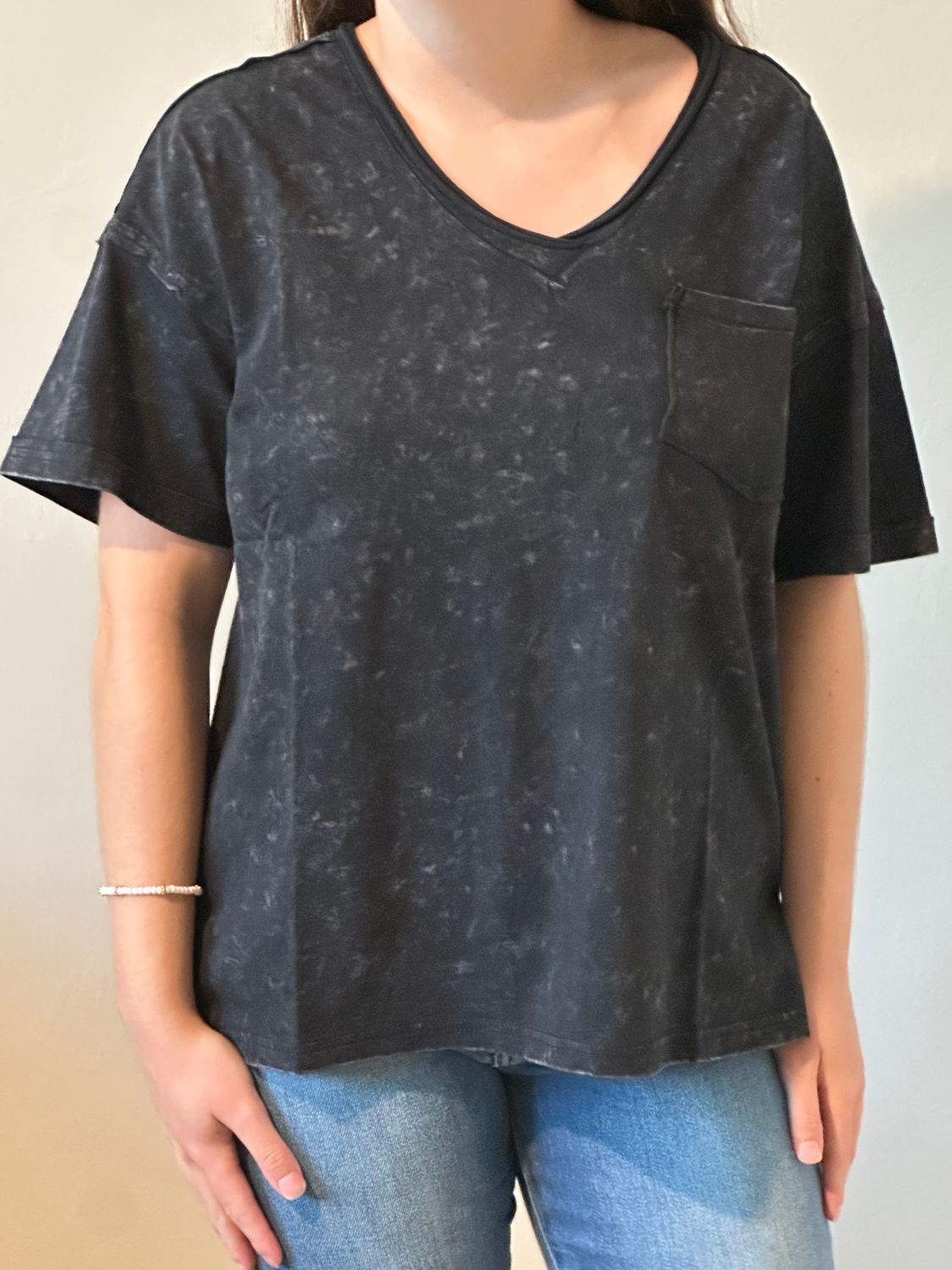 Black Mineral Washed V-Neck Knit Top-