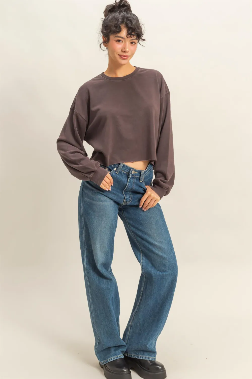 Cropped Crewneck Sweatshirt With Oversized Sleeves