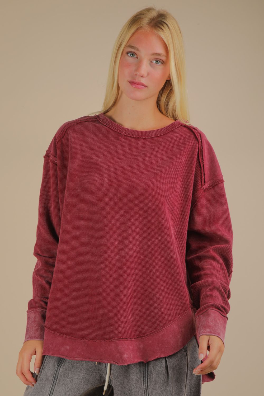 Mineral Washed Elbow Patch Contrast Knit Top