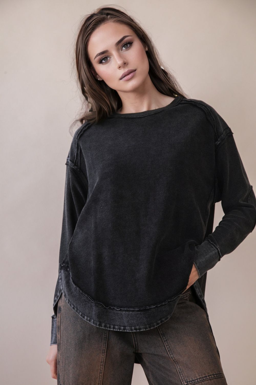 Mineral Washed Elbow Patch Contrast Knit Top
