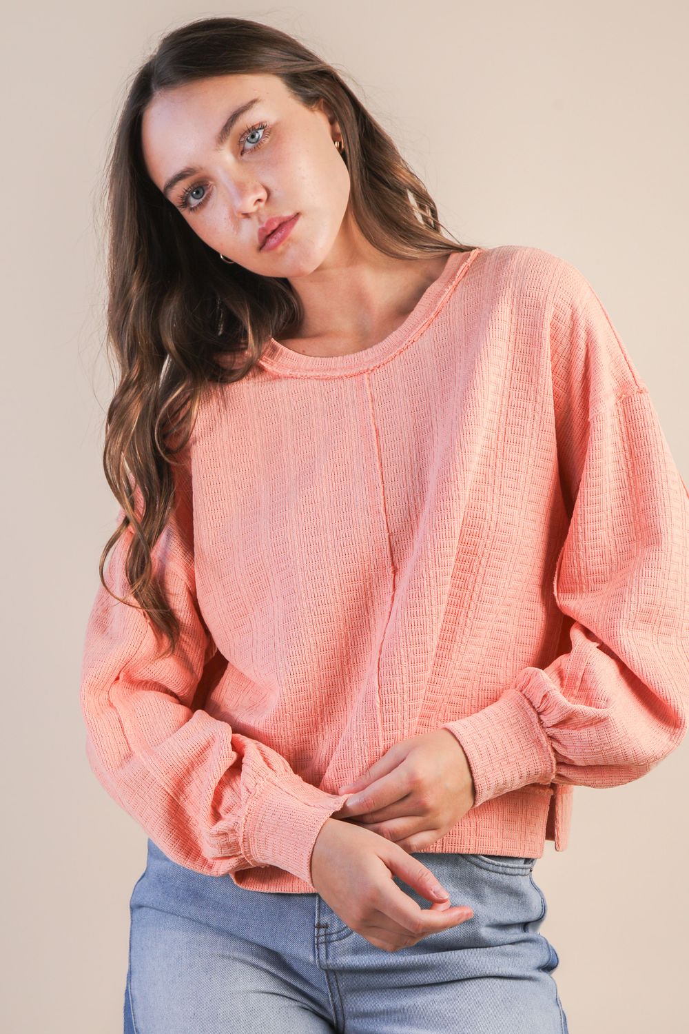 Raw Edge Detail Oversized Textured Knit Top