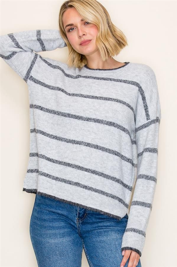 TEXTURE STRIPED, CREW NECK, LONG SLEEVE, SUPER SOFT PULLOVER SWEATER
