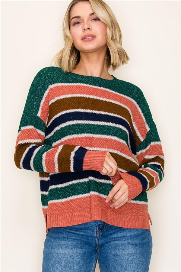 CREW NECK, LONG SLEEVE, MULTI COLRO BLOCK STRIPED, WAFFLE TEXTURED SWEATER
