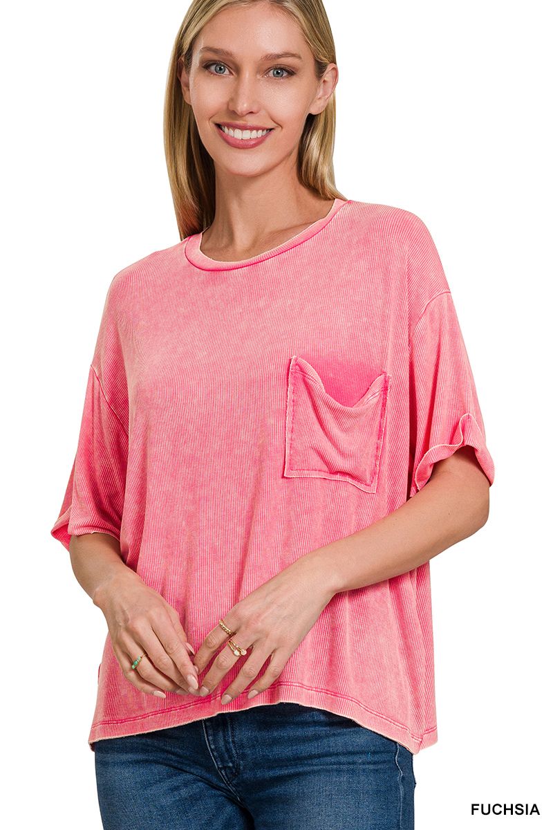 Washed ribbed cuffed short sleeve round neck top
