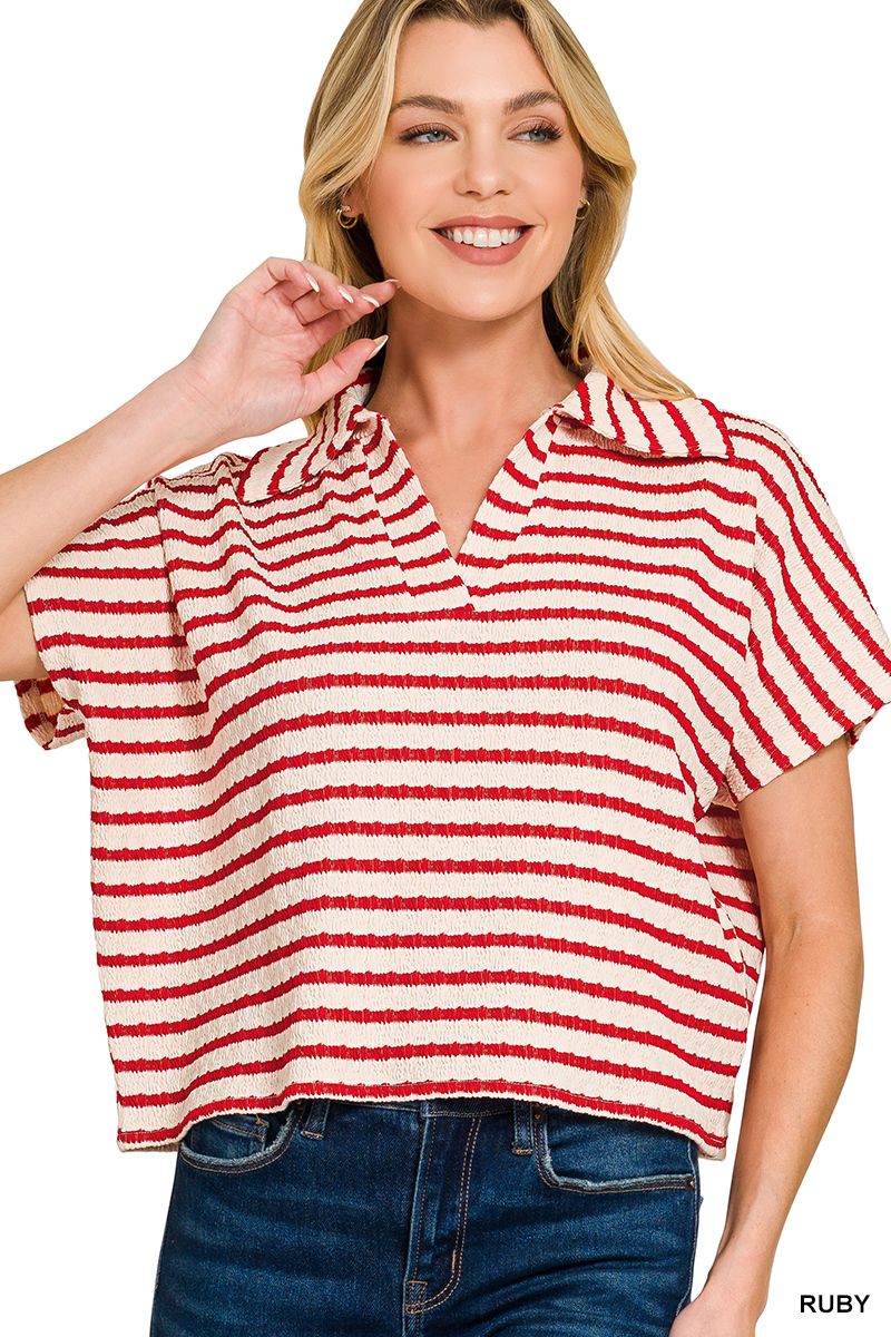 STRIPED SPLIT NECK COLLARED TOP