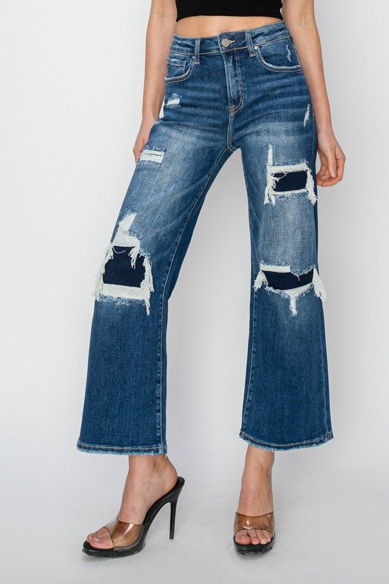 ​HIGH RISE PATCH DETIALED CROP WIDE JEANS