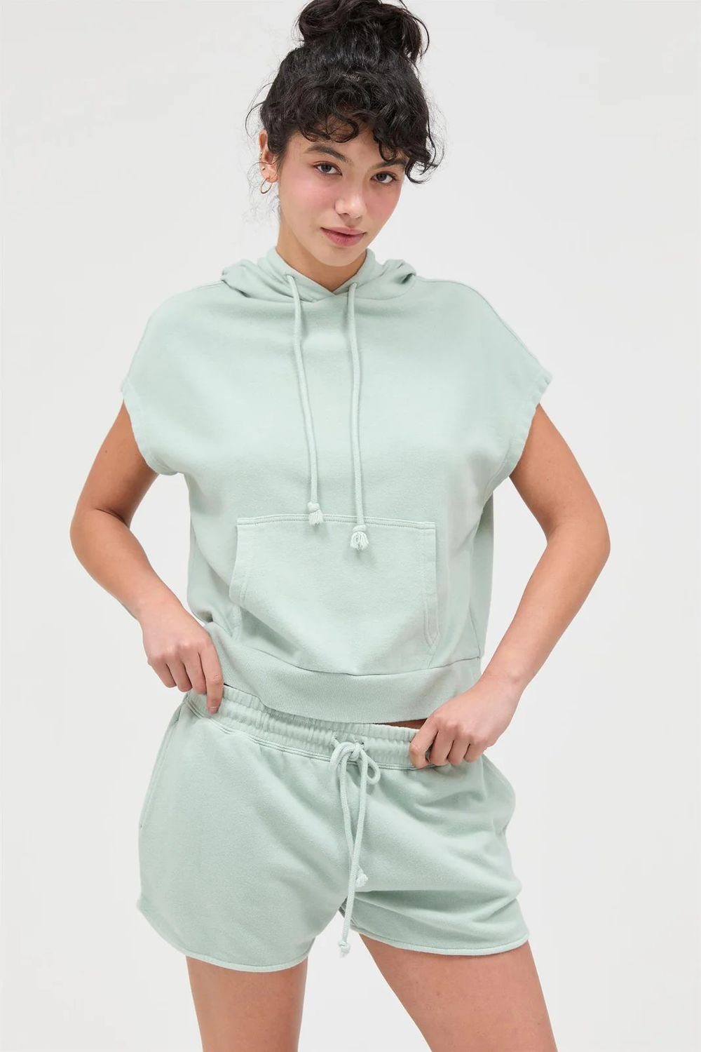 Acid Washed Sleeveless Hooded Kangaroo Pocket Top