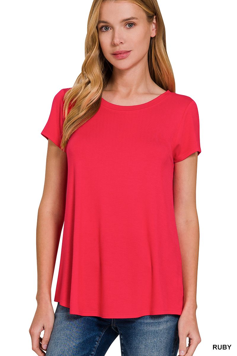 ​FLOWY ROUND HEM RAYON SHORT SLEEVE TOP