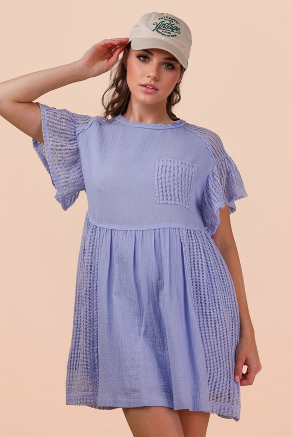 Waffle Knit Contrast Solid Comfy Mini Dress