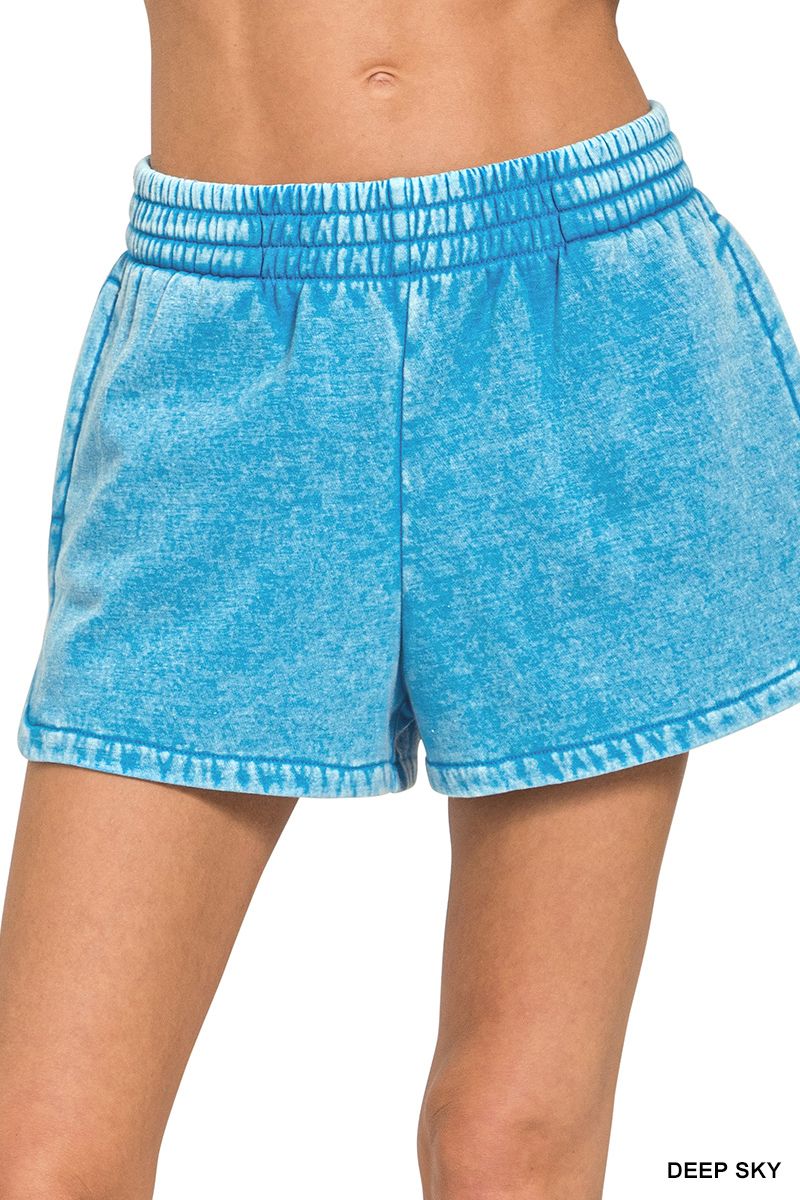 Acid washed elastic waistband dolphin shorts