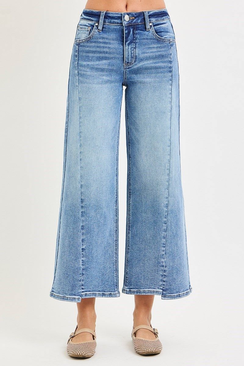 Mid Rise Crop Wide Jeans With Front Step Hem