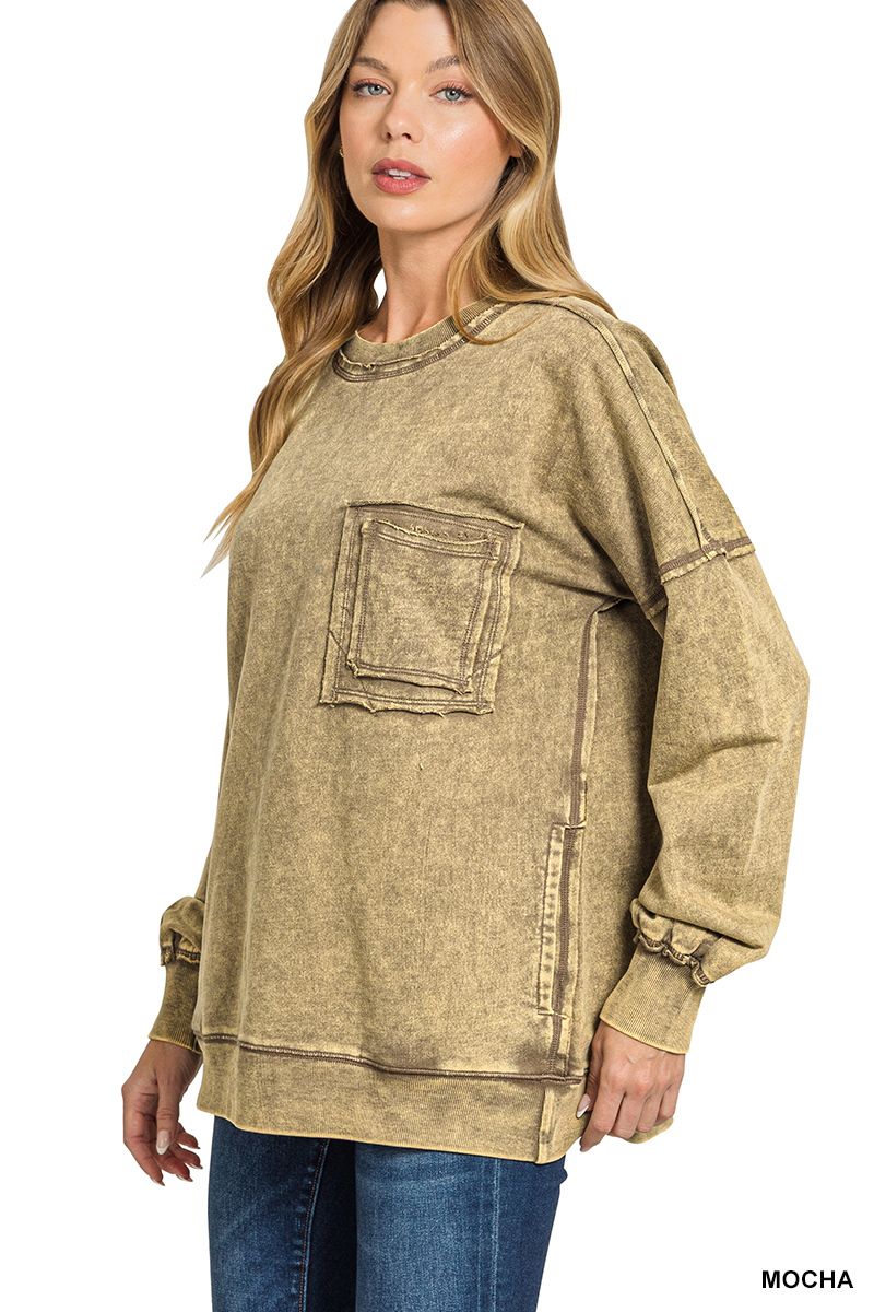 Acid Wash raw edge front pocket pullover
