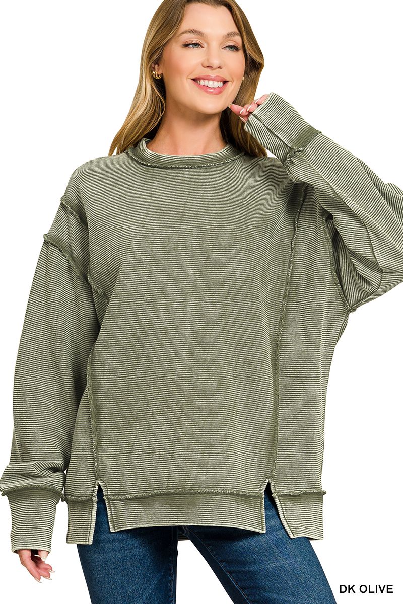 ​ACID WASHED DOUBLE RIBBED EXPOSED-SEAM PULLOVER
