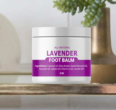 Lavender Hand and Foot Balm / salve  2 ounces -skin care, moisturizer, moisturizing and nourishing skin treatment. Healthy skin care products - coconut oil, vitamin e oil, lanolin oil, beeswax,  jojoba oil, Best balm / salve for tougher extremities of skin -  ingredients