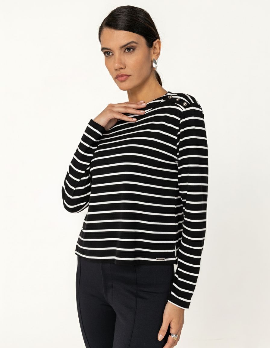 Striped Knit Top with Button Details