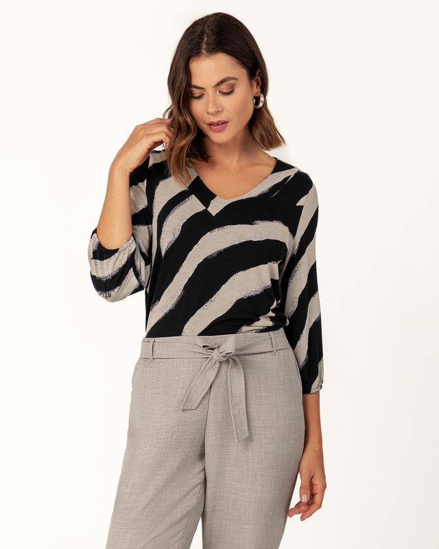 3/4 Sleeve Viscose Knit Top with Animal Print