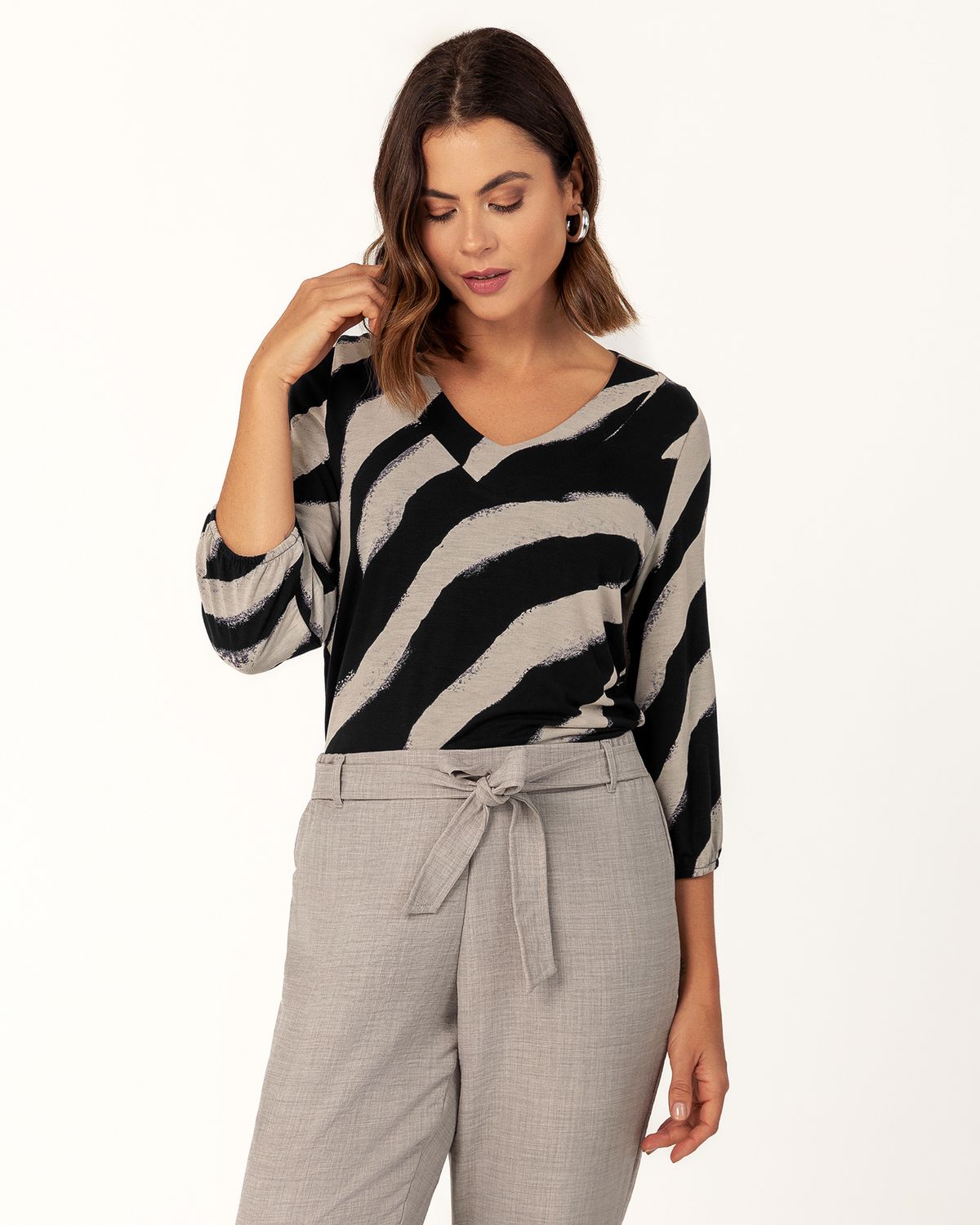 3/4 Sleeve Viscose Knit Top with Animal Print