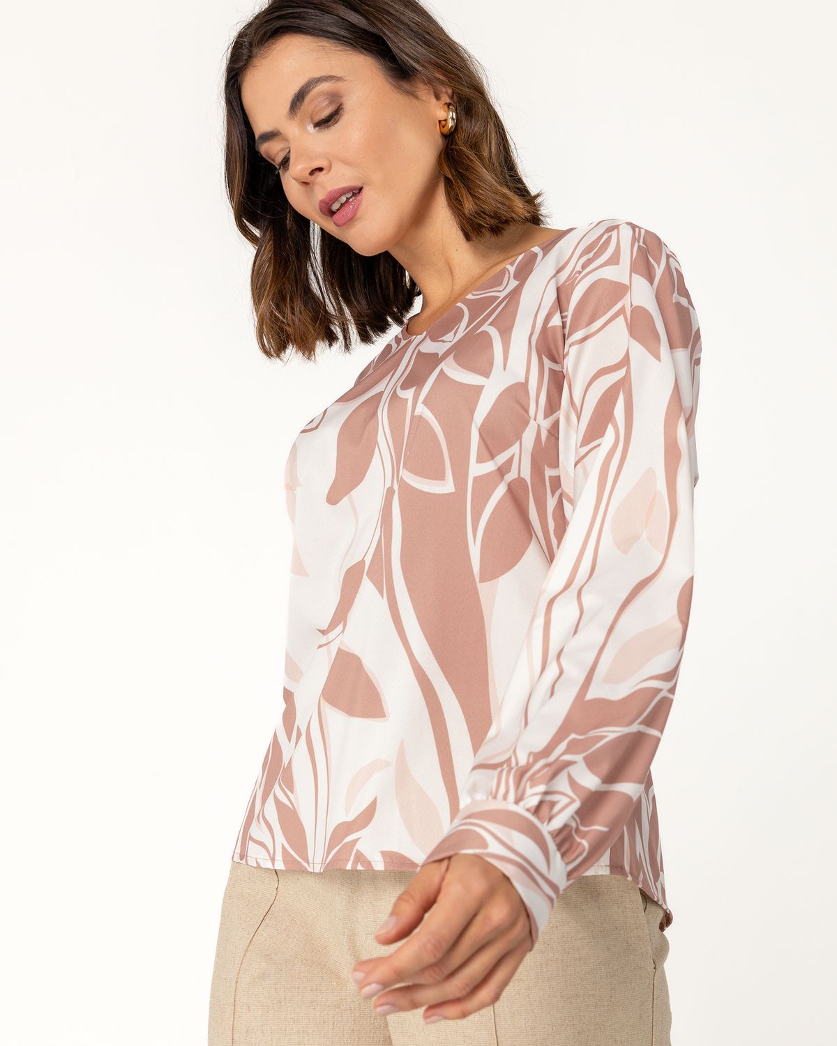Woven Fabric Top with Elastane and Foliage Print