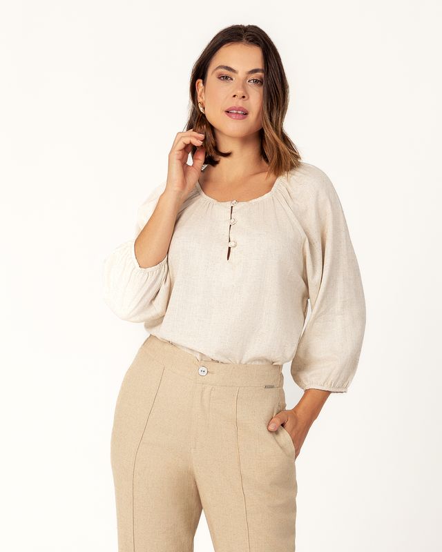 Linen 3/4 Sleeve Blouse with Gathered Detail