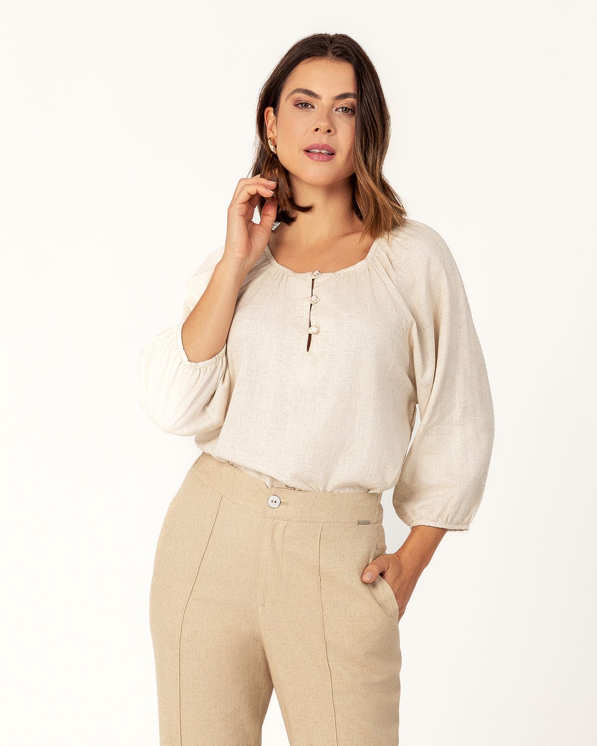 Linen 3/4 Sleeve Blouse with Gathered Detail