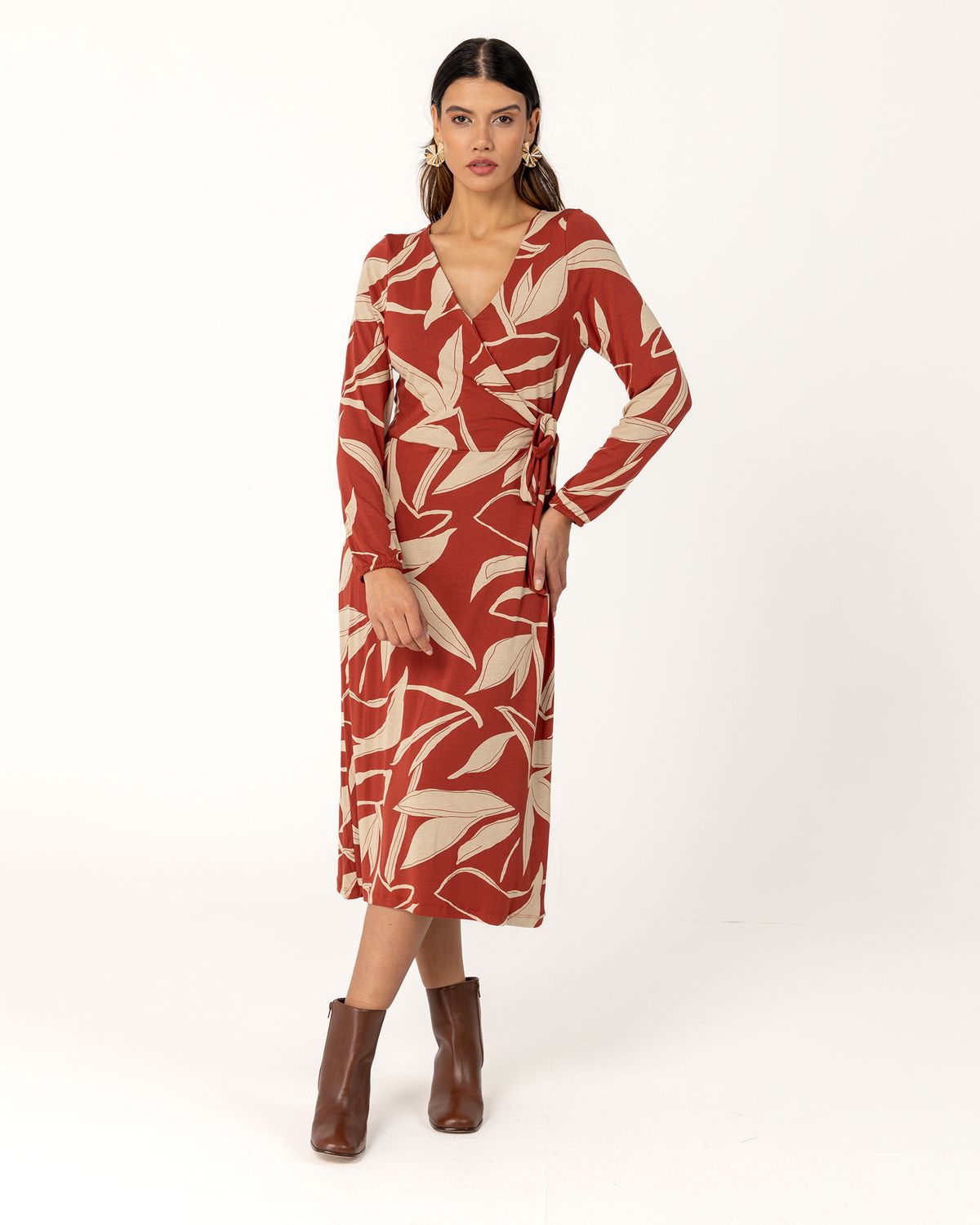 Printed Knit Wrap Midi Dress