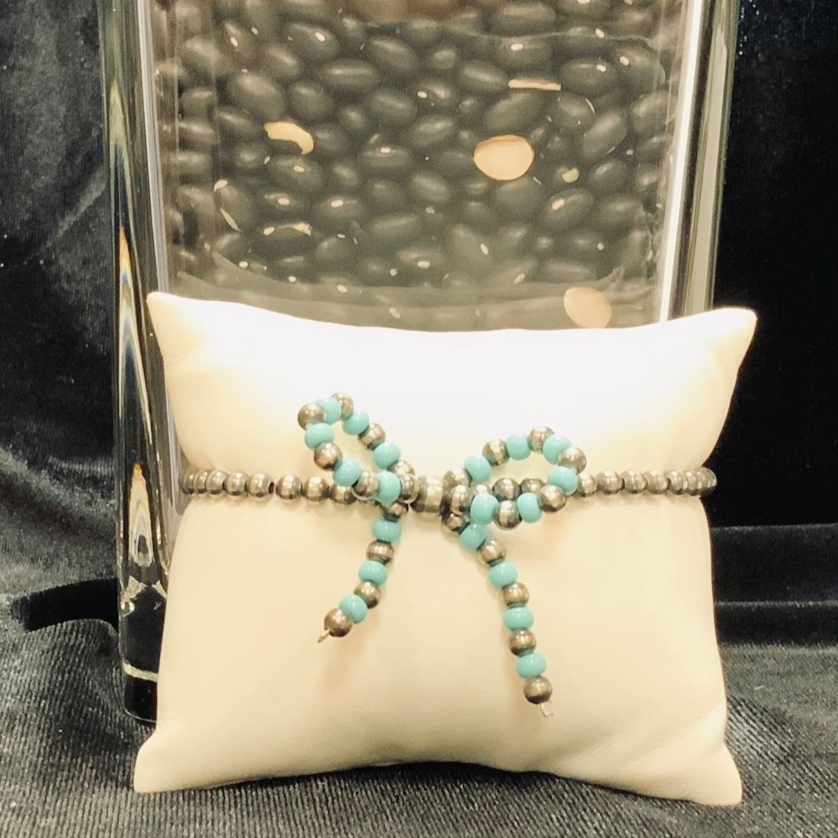 BRACELET TURQ/SILVER BOW PEARL STRETCHY T4144