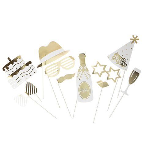 Kit Photobooth Happy Birthday Papier Or et Blanc 10pcs