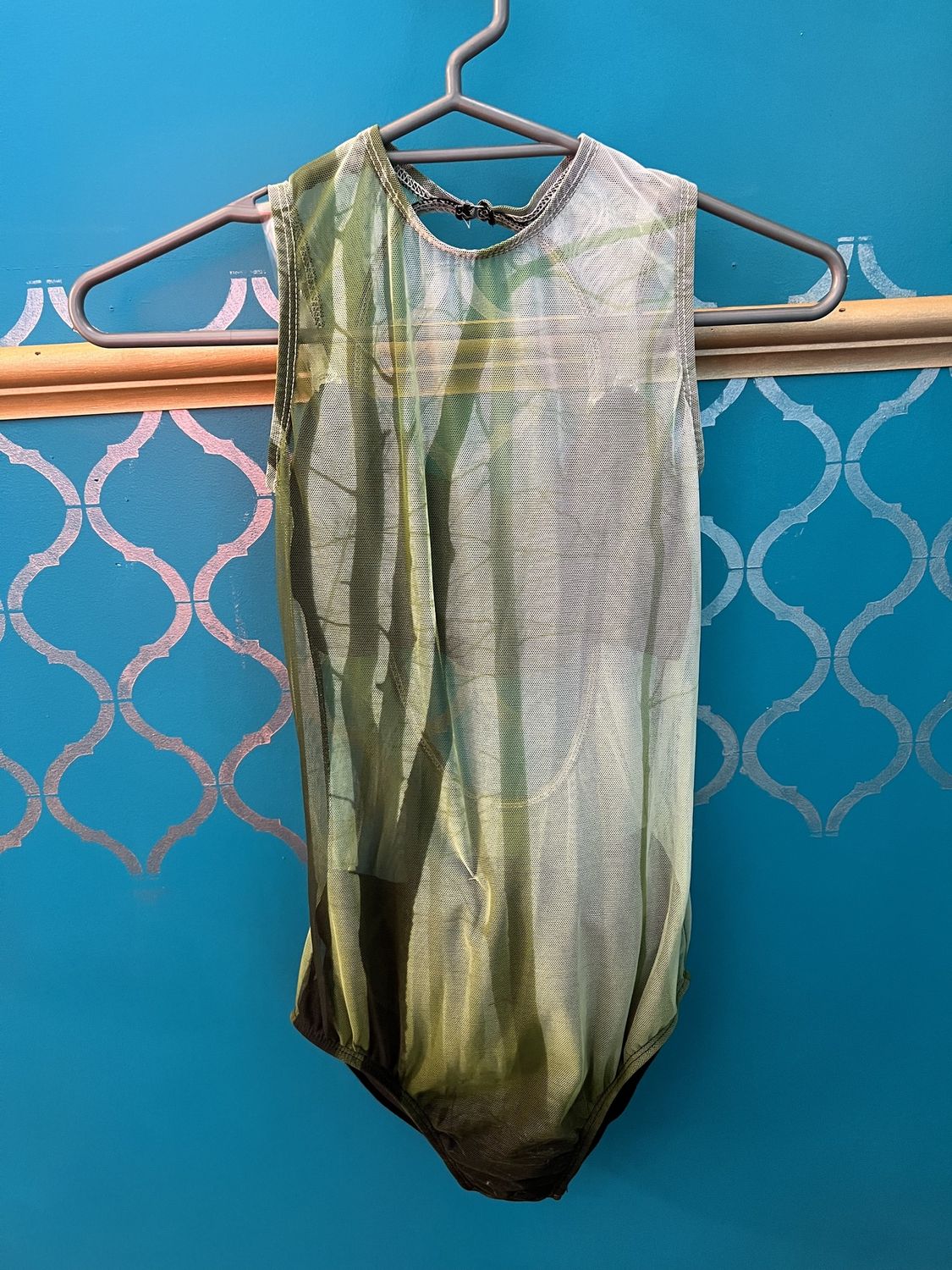 Leotard with attached crop top and briefs. Green, Colour: green forest print, size: adult med