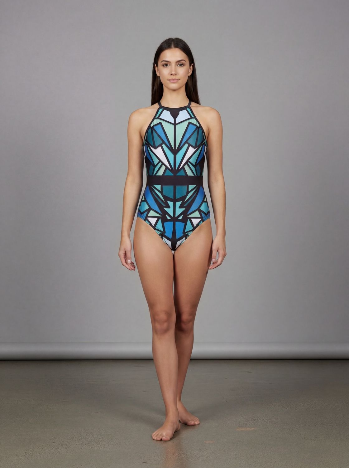 Leotard High Neck, Colour: Blue Geometry, size: adult small