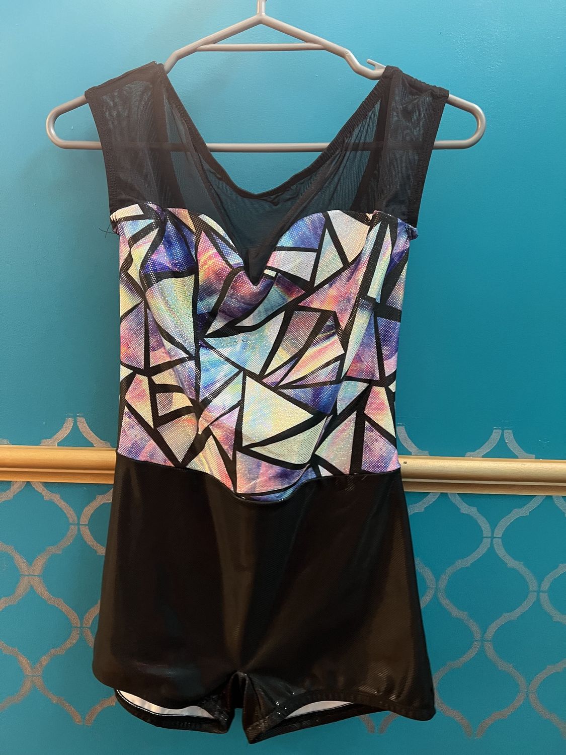 Biketard Leotard holagraphic triangles, Colour: triangles/black, size: adult med