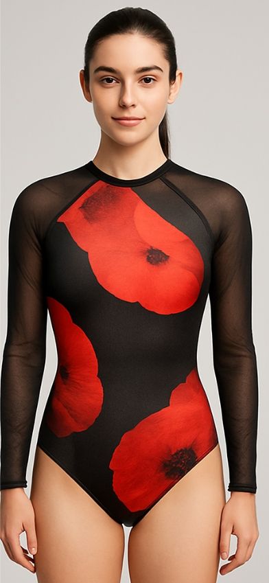 Leotard Red Poppy with Mesh Sleeves, Colour: red poppy, size: adult med