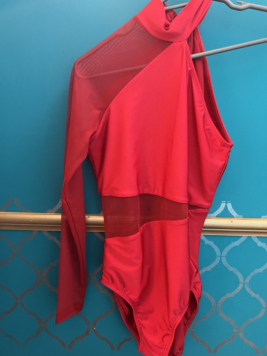 Leotard red mesh one sleeve, Colour: red mesh, size: adult small