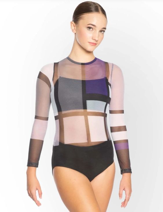 Long Sleeved Mesh Leotard purple and black